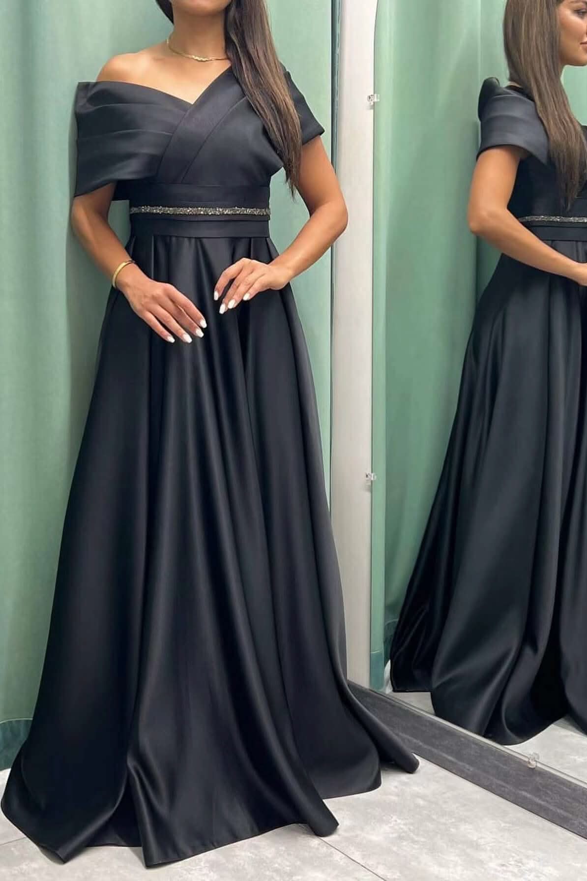 Elegant Off-the-Shoulder Long Pleated Evening Dress On Sale BM bride