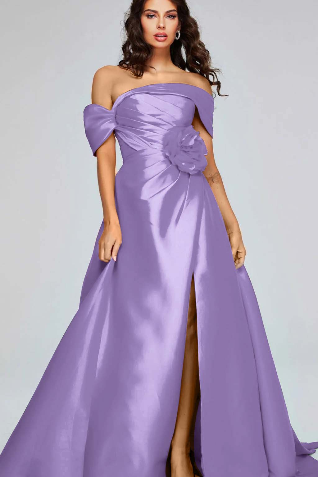 Off the Shoulder Sleeveless Long Split Prom Dress With Pleated BMBRIDE