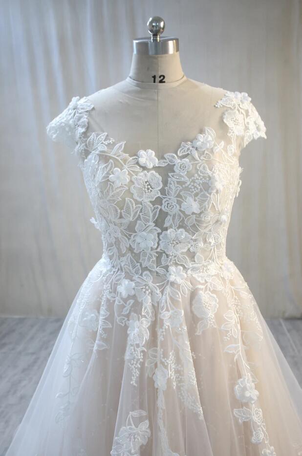 A-Line Bateau Backless Floor-Length Wedding Dress with Lace Tulle Appliques BM bride