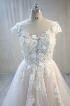 A-Line Bateau Backless Floor-Length Wedding Dress with Lace Tulle Appliques BM bride