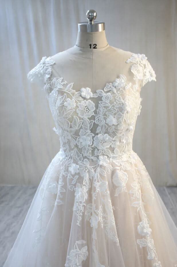 A-Line Bateau Backless Floor-Length Wedding Dress with Lace Tulle Appliques BM bride