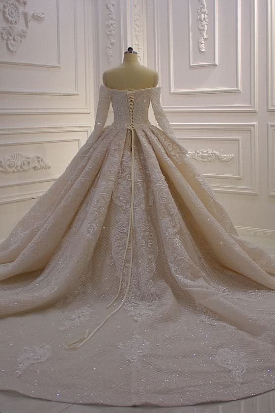 Off-the-Shoulder Long Sleeve Ball Gown Wedding Dress with Lace Appliques BM bride