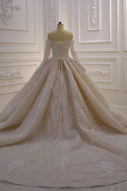 Off-the-Shoulder Long Sleeve Ball Gown Wedding Dress with Lace Appliques BM bride