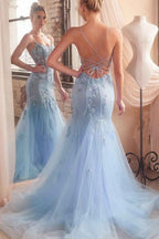 Tulle Spaghetti Strap Sleeveless Mermaid Long Prom Dress With Appliques