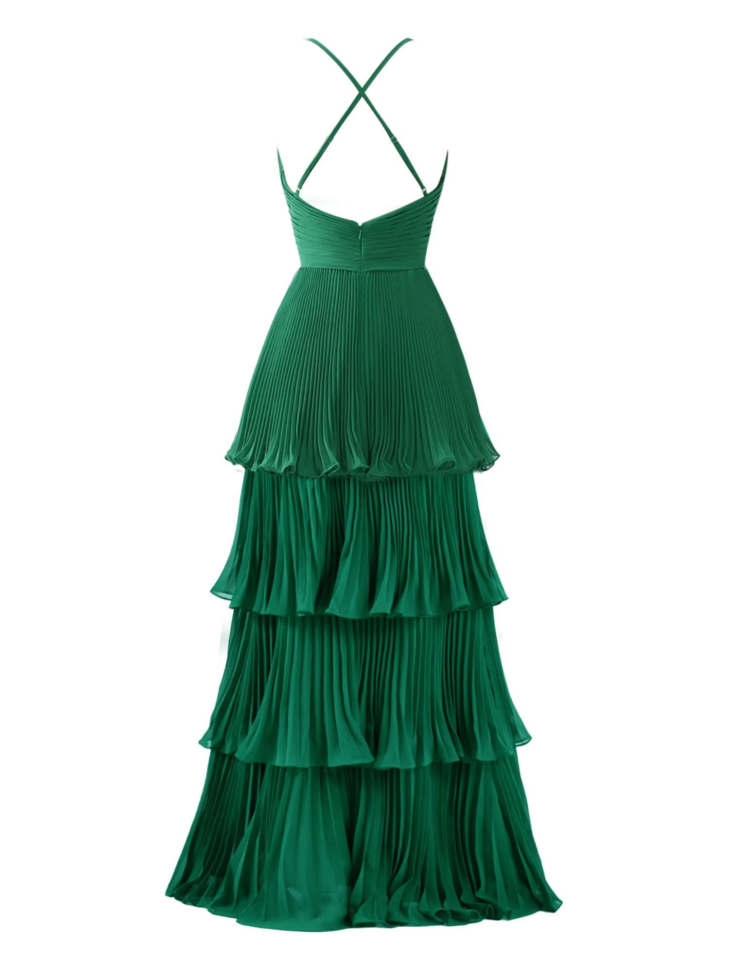 Elegant Dark Green A-Line Tiered Floor Length Chiffon Bridesmaid Dress BM bride