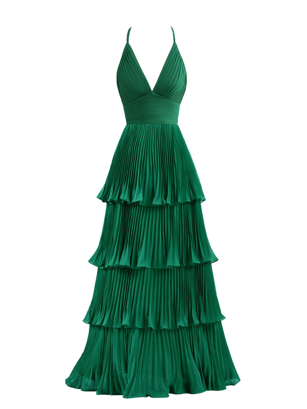 Elegant Dark Green A-Line Tiered Floor Length Chiffon Bridesmaid Dress BM bride