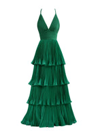 Elegant Dark Green A-Line Tiered Floor Length Chiffon Bridesmaid Dress BM bride