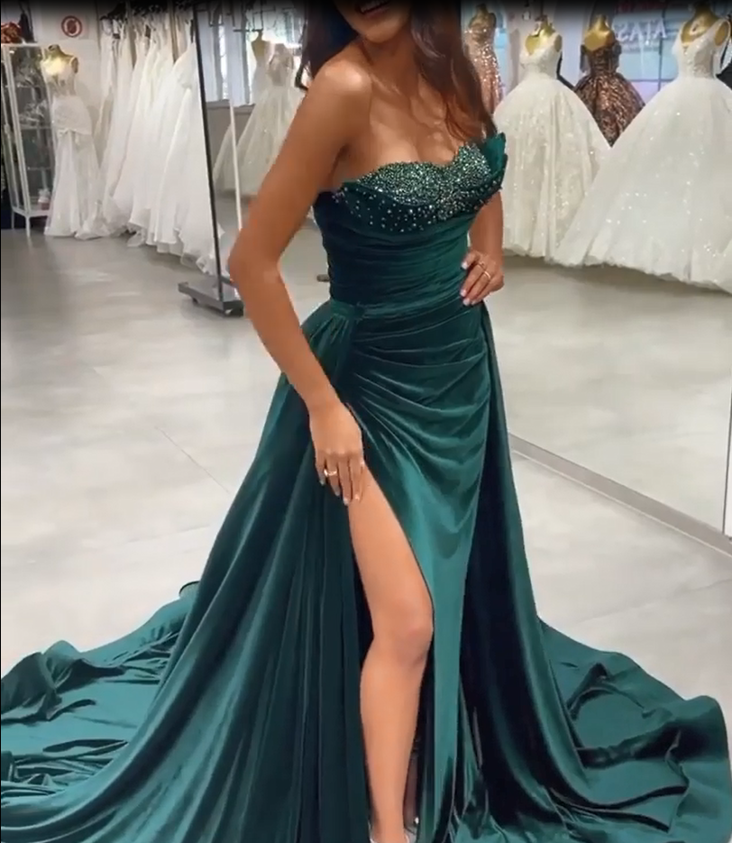 BMbride Dark Green Sequins Sleeveless Sweetheart Floor-length Split Front A-line Prom Dresses BMbride