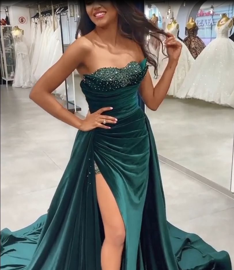 BMbride Dark Green Sequins Sleeveless Sweetheart Floor-length Split Front A-line Prom Dresses BMbride