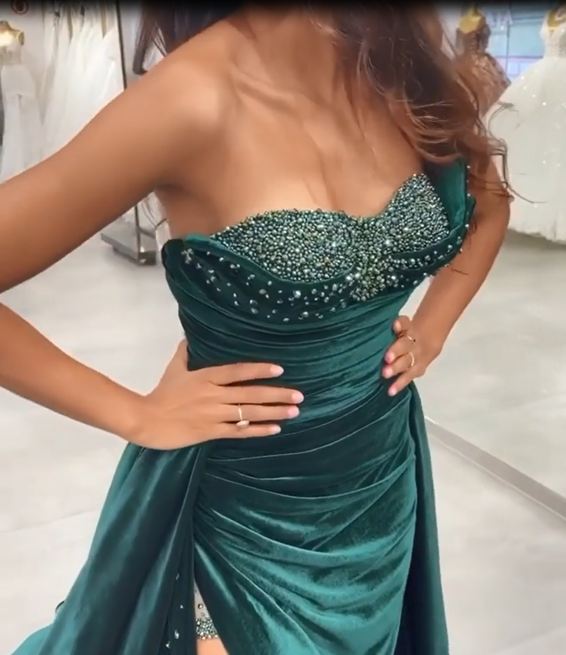 BMbride Dark Green Sequins Sleeveless Sweetheart Floor-length Split Front A-line Prom Dresses BMbride