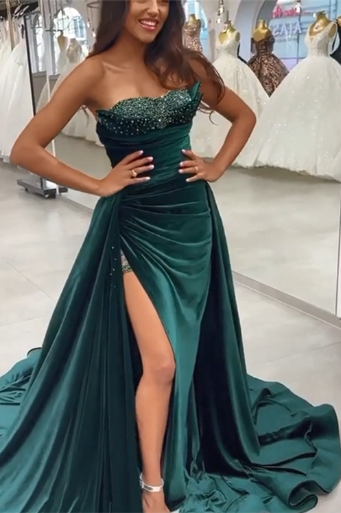 BMbride Dark Green Sequins Sleeveless Sweetheart Floor-length Split Front A-line Prom Dresses BMbride