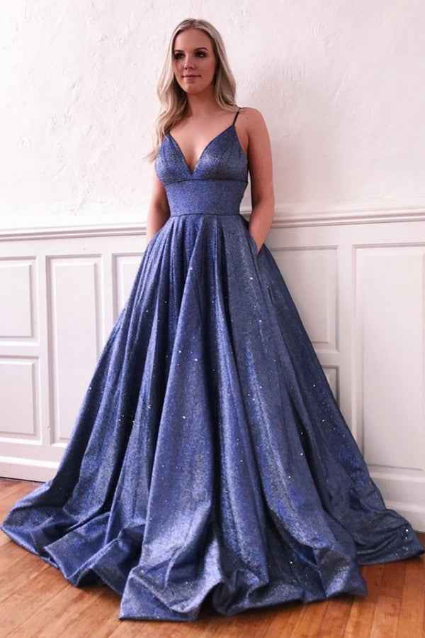 Spaghetti Strap V Neck Sleeveless Sequins Elegant Prom Dress With Pockets