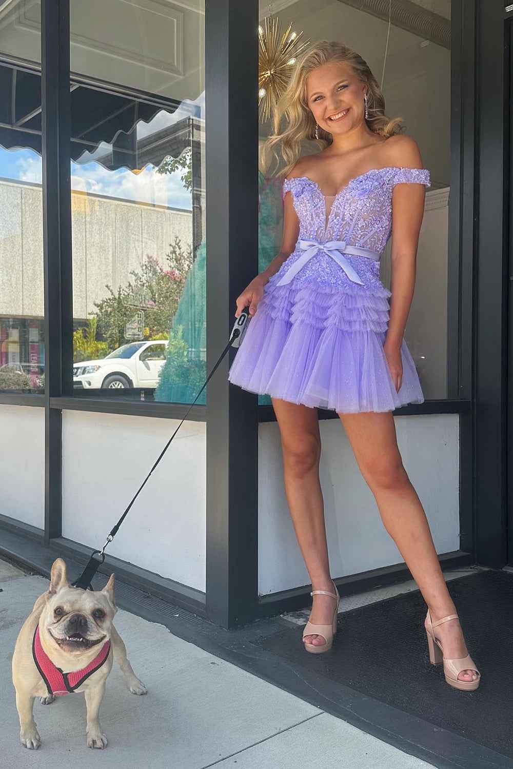Sparkly Fuchsia Tiered A-Line Tulle Short Homecoming Dress with Lace Bmbride