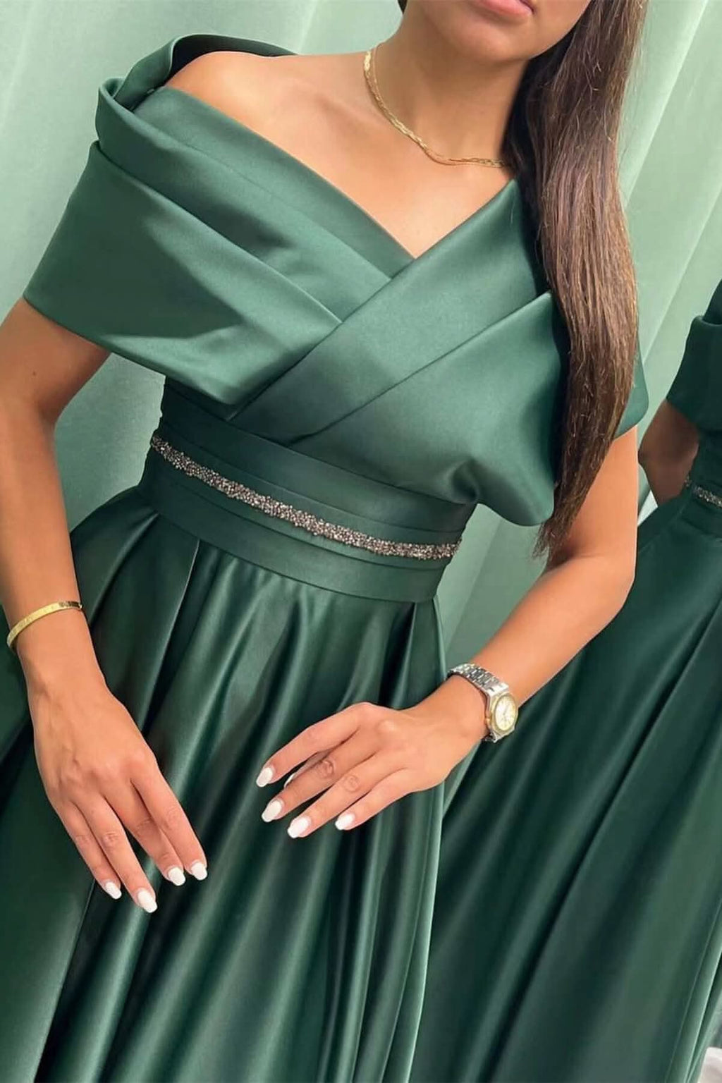 Elegant Off-the-Shoulder Long Evening Dress Pleated and On Sale BM bride