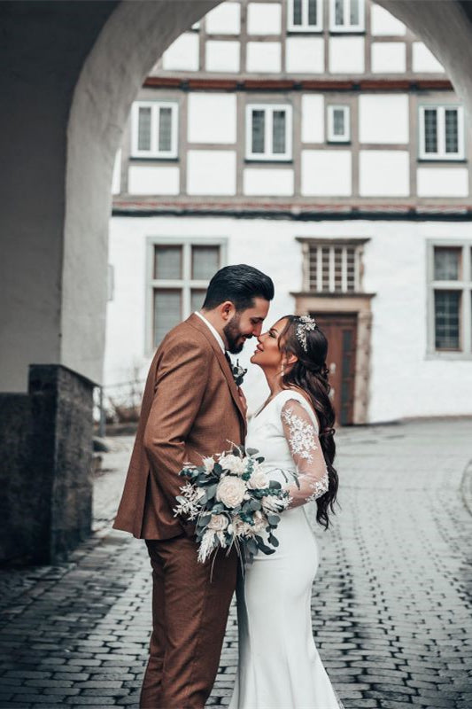 V-Neck Long Sleeve Lace Mermaid Wedding Dress BM bride