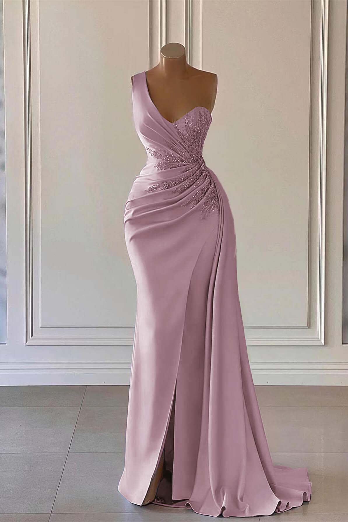 Charming Luxury One Shoulder Long Prom Dress Mermaid Split With Ruffles