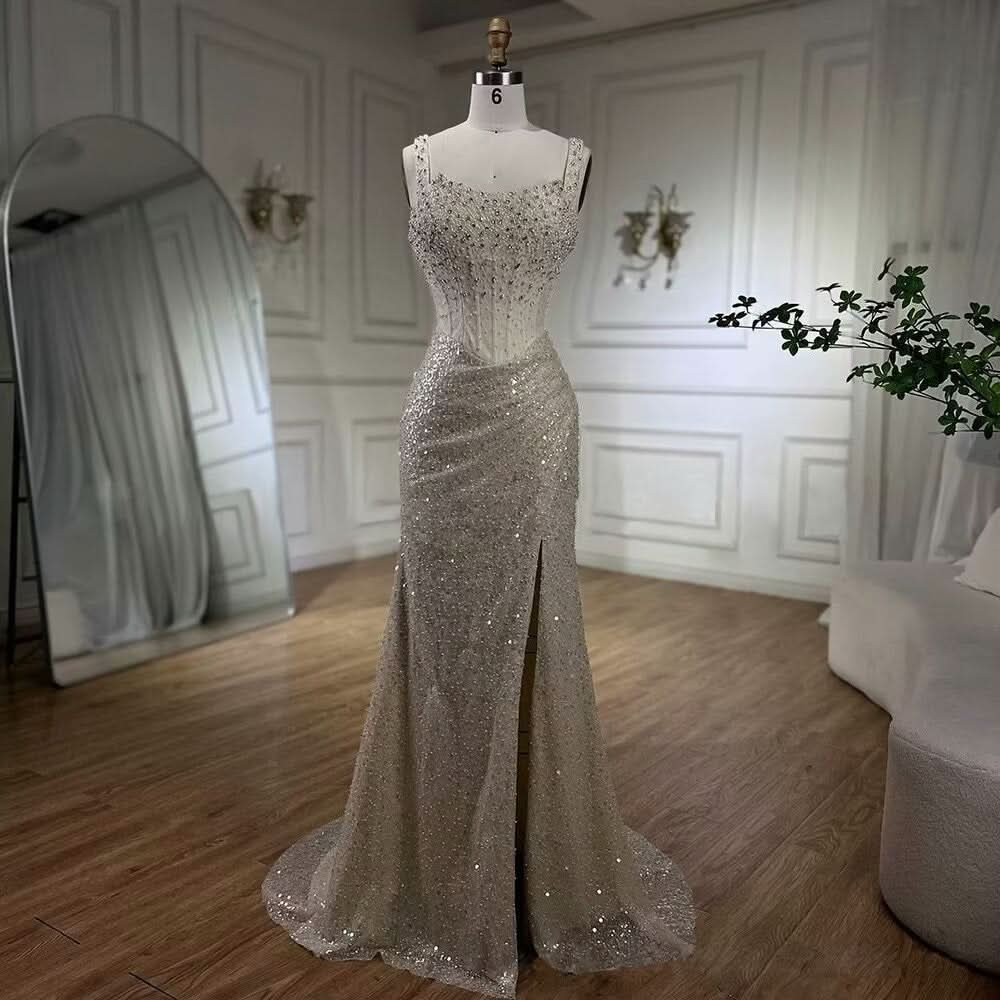 Gorgeous Beaded Sequin Mermaid Prom Dress with High Slit BM bride