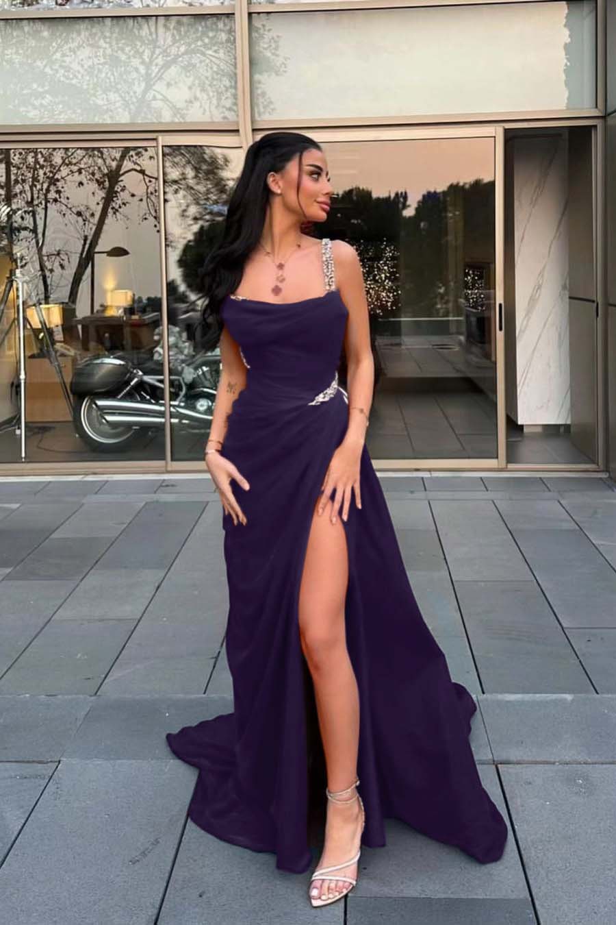 Spaghetti Strap Sleeveless Long Prom Dress With Split Beading BMBRIDE