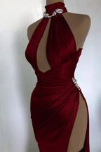Elegant Sexy Champagne Gold Evening Dress with Off-the-Shoulder High Neck and Pleated Slit BM bride