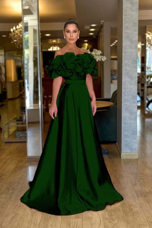 Off the Shoulder Sleeveless A Line Long Prom Dress With Pleated BMBRIDE