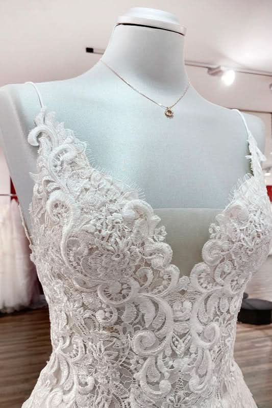 V-Neck Sleeveless Long A-Line Tulle Wedding Dress with Lace Ruffles BM bride
