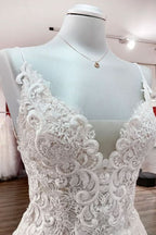V-Neck Sleeveless Long A-Line Tulle Wedding Dress with Lace Ruffles BM bride