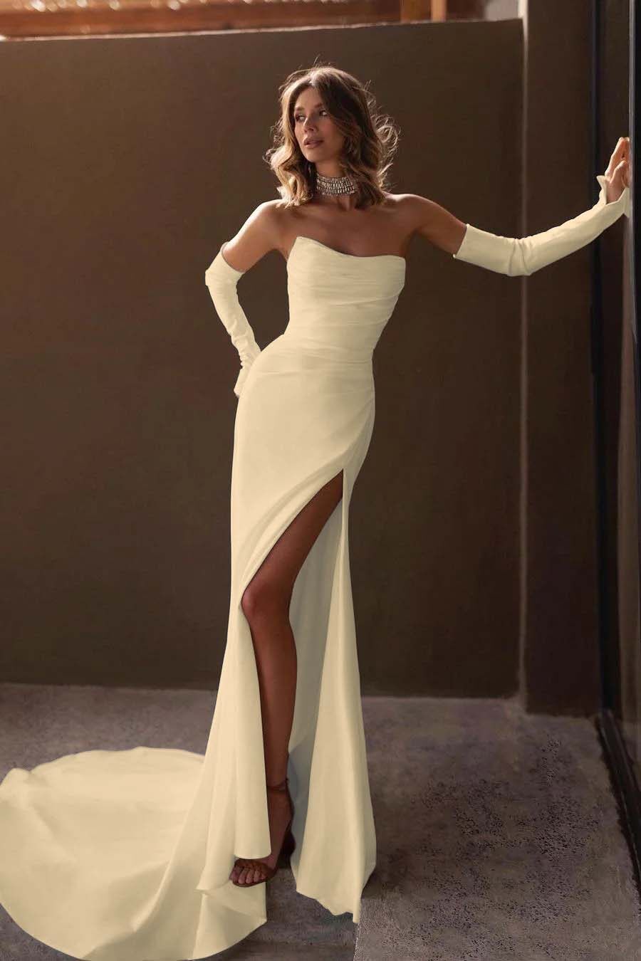 Strapless Detachable Sleeves Mermaid Long Prom Dress With Split BMBRIDE