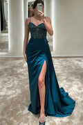 Exquisite Spaghetti Strap Sleeveless Pleated Long Split Prom Dress With Beading