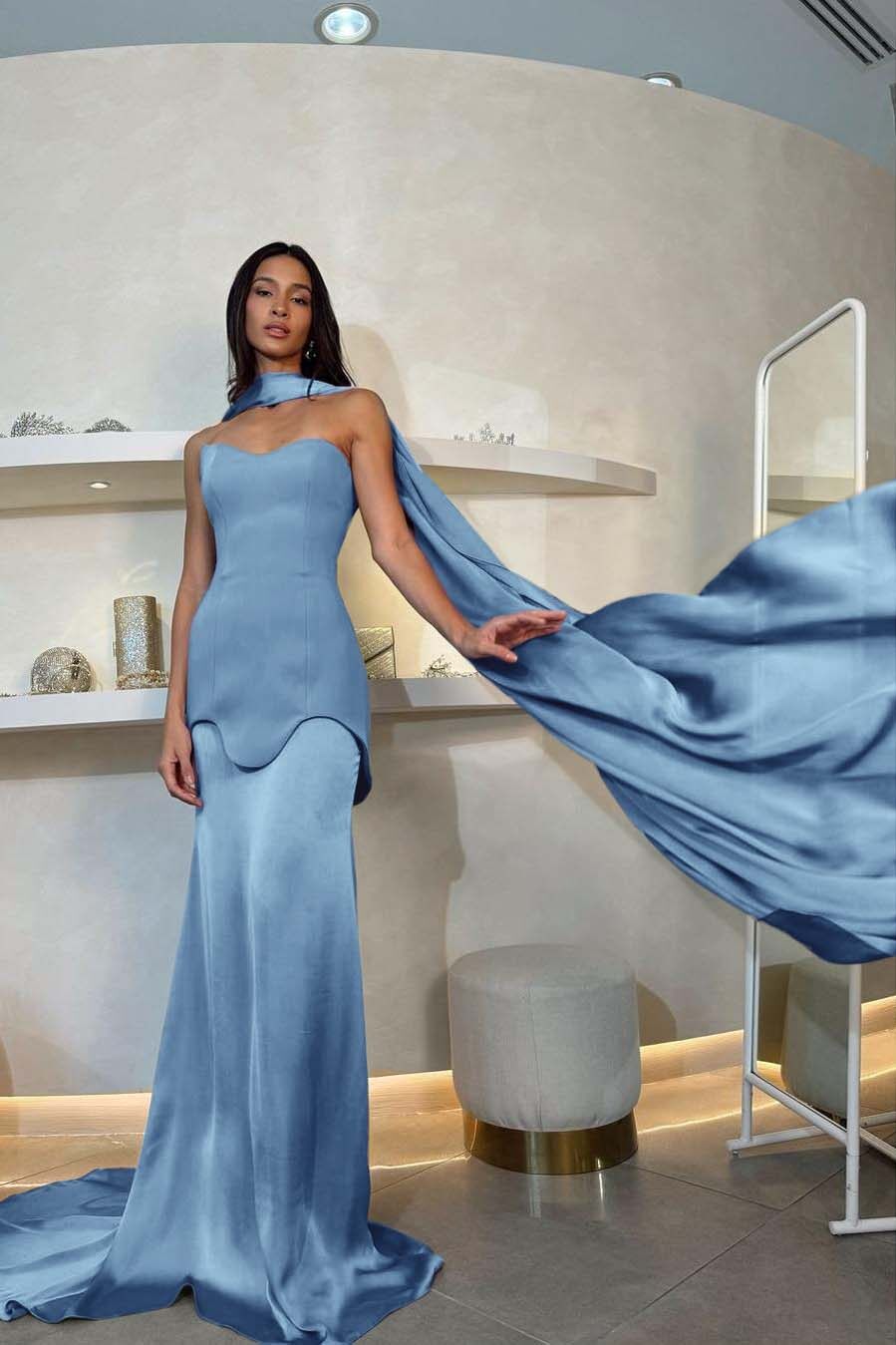 Halter Sleeveless Strapless Long Mermaid Prom Dress With Pleated