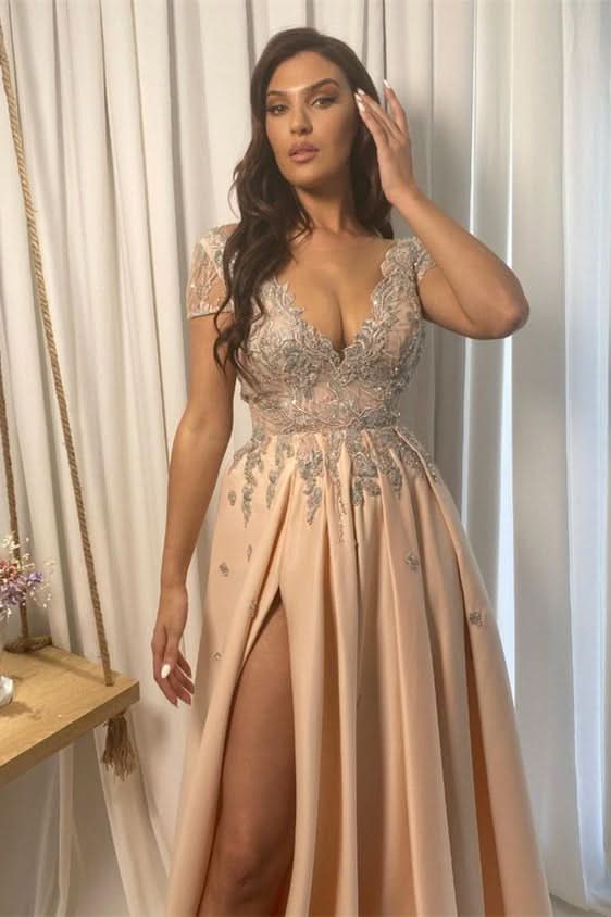 Champagne Lace V-Neck Appliqued Prom Dress with Split BM bride