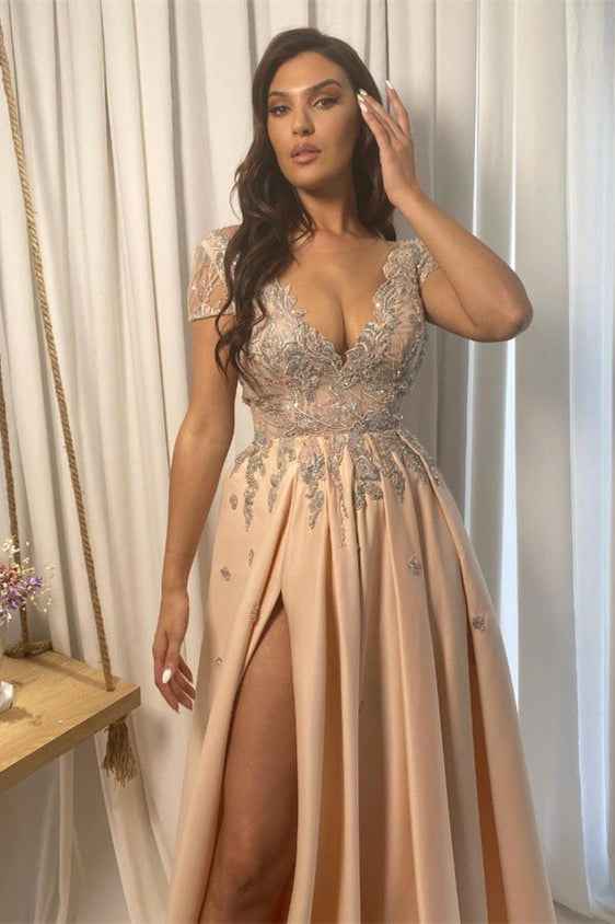Champagne Lace V Neck Appliques With High Split Long Prom Dress