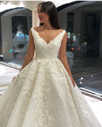 A-Line Deep V-Neck Floor-Length Wedding Dress with Lace and Sequin Appliques BM bride
