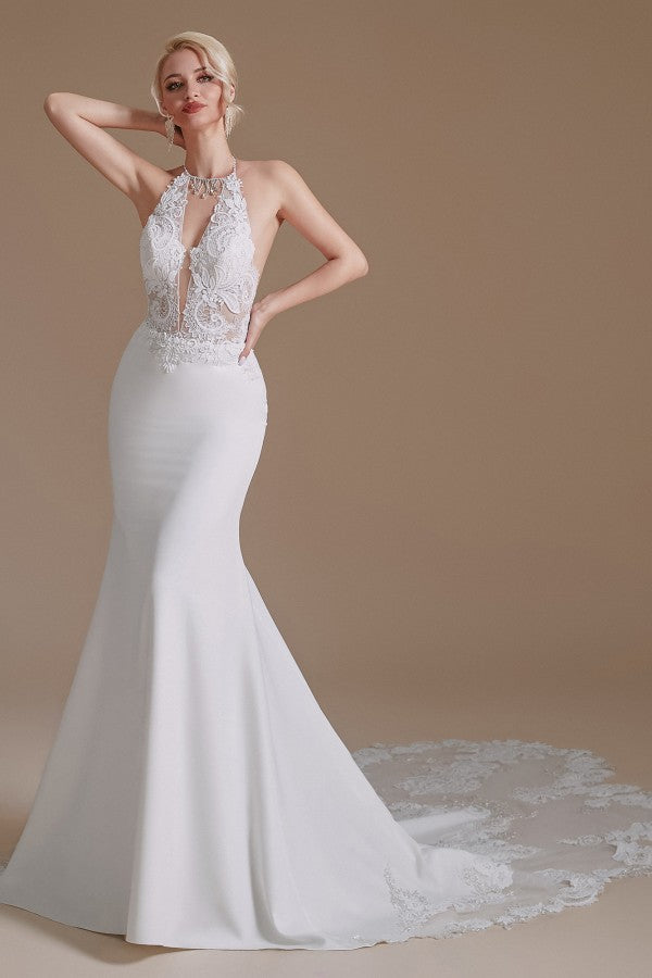 Modest Long Mermaid Halter Backless Satin Wedding Dress with Lace Appliques BM bride
