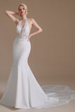 Modest Long Mermaid Halter Backless Satin Wedding Dress with Lace Appliques BM bride