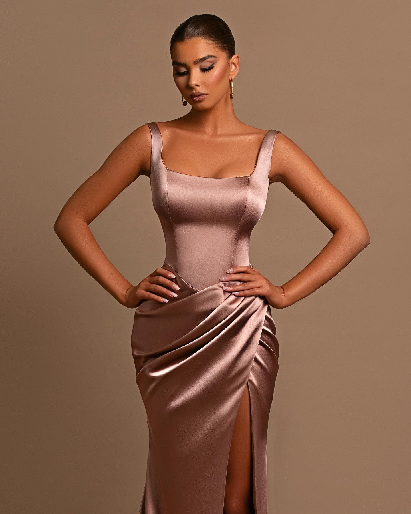 Dusty Rose Spaghetti Strap Square Neck Sleeveless Mermaid Prom Dress With Split BMBRIDE