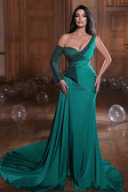 Dark Green One Shoulder Long Sleeves Mermaid Evening Dress with Ruffles BM bride