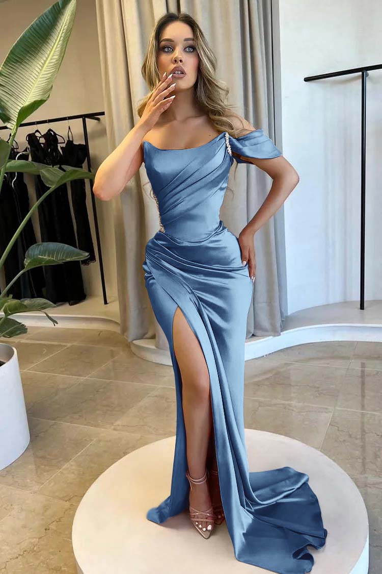 Strapless One Shoulder Long Mermaid Prom Dress With Split Beading BMBRIDE