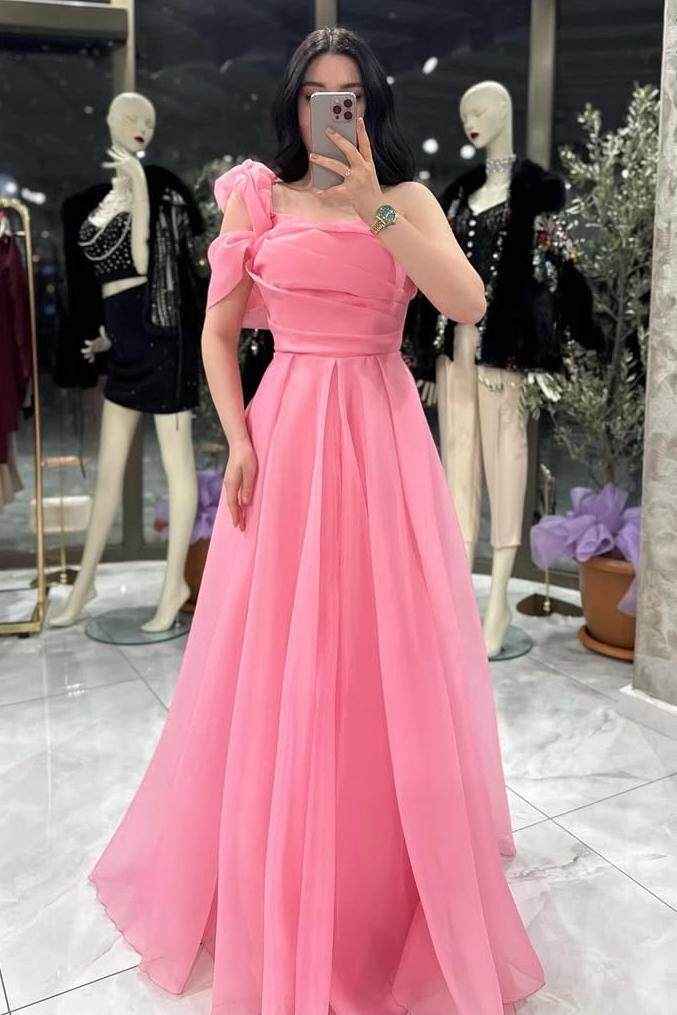 Sleeveless One Shoulder Long A Line Prom Dress With Pleated
