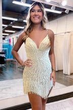 Sparkly White Beaded Lace-Up Back Tight Short Homecoming Dress with Fringes Bmbride