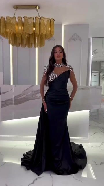 Prom Dress Long Mermaid Satin With Trail Beadings Long Sleeves Purple BMBRIDE
