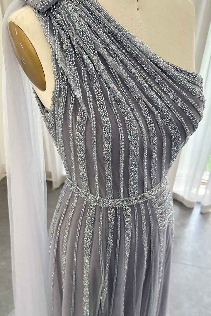 Stunning Gray One Shoulder A Line Prom Dress Appliques With Beading