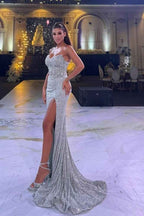 Sequins Strapless Sleeveless Split Long Prom Dress With Beading