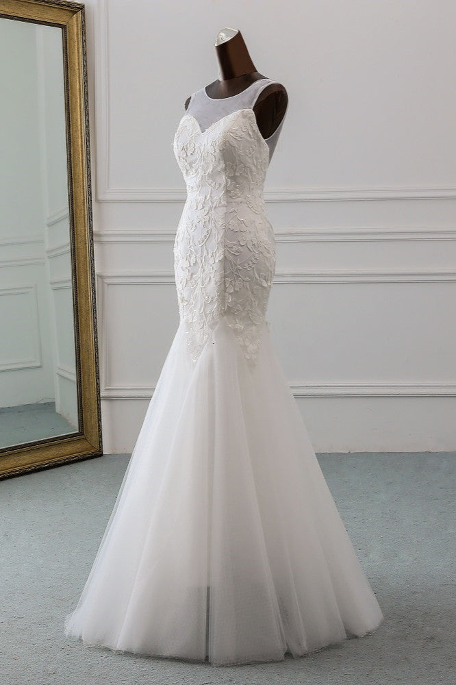 Jewel Neck Backless Long Mermaid Wedding Dress with Tulle Lace BM bride