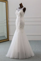 Jewel Neck Backless Long Mermaid Wedding Dress with Tulle Lace BM bride