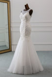 Jewel Neck Backless Long Mermaid Wedding Dress with Tulle Lace BM bride
