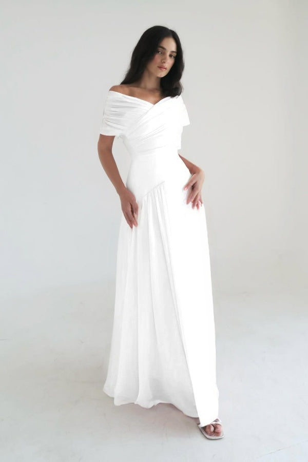 Chiffon Off the Shoulder Sleeveless Long Prom Dress With Pleated