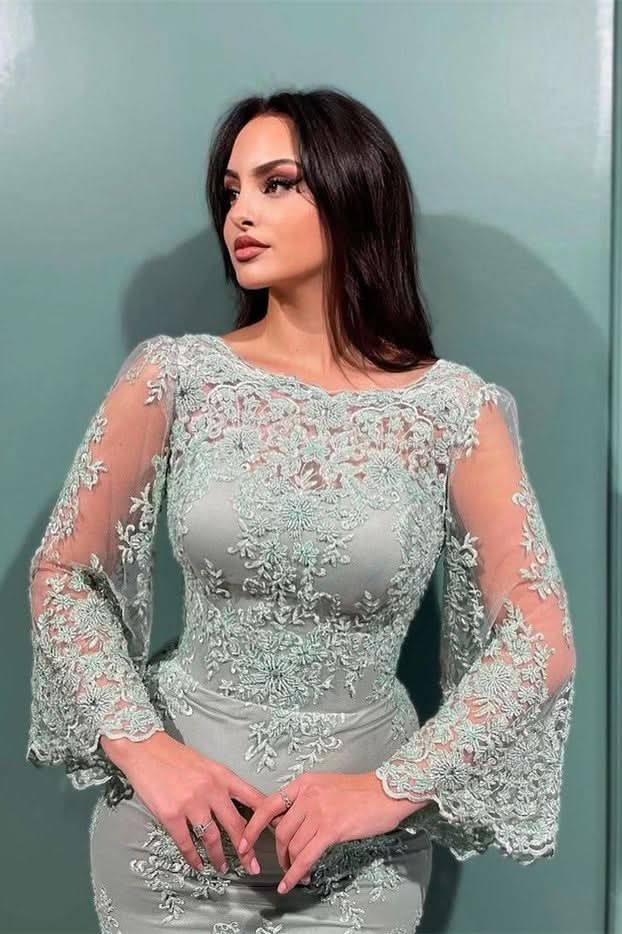 Long Sleeves Bateau Mermaid Evening Dress with Lace Appliques BM bride