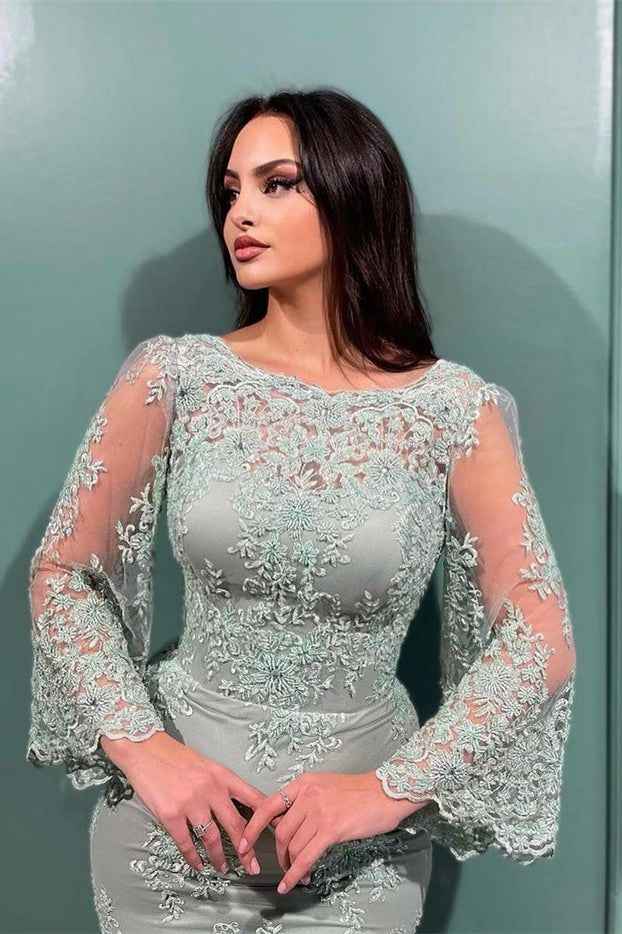 Long Sleeves Mermaid Prom Dress With Lace Appliques Bateau Pleated