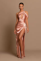 Chic Lotus Root Pink Sleeveless Strapless Evening Dress with Pleated Slit BM bride