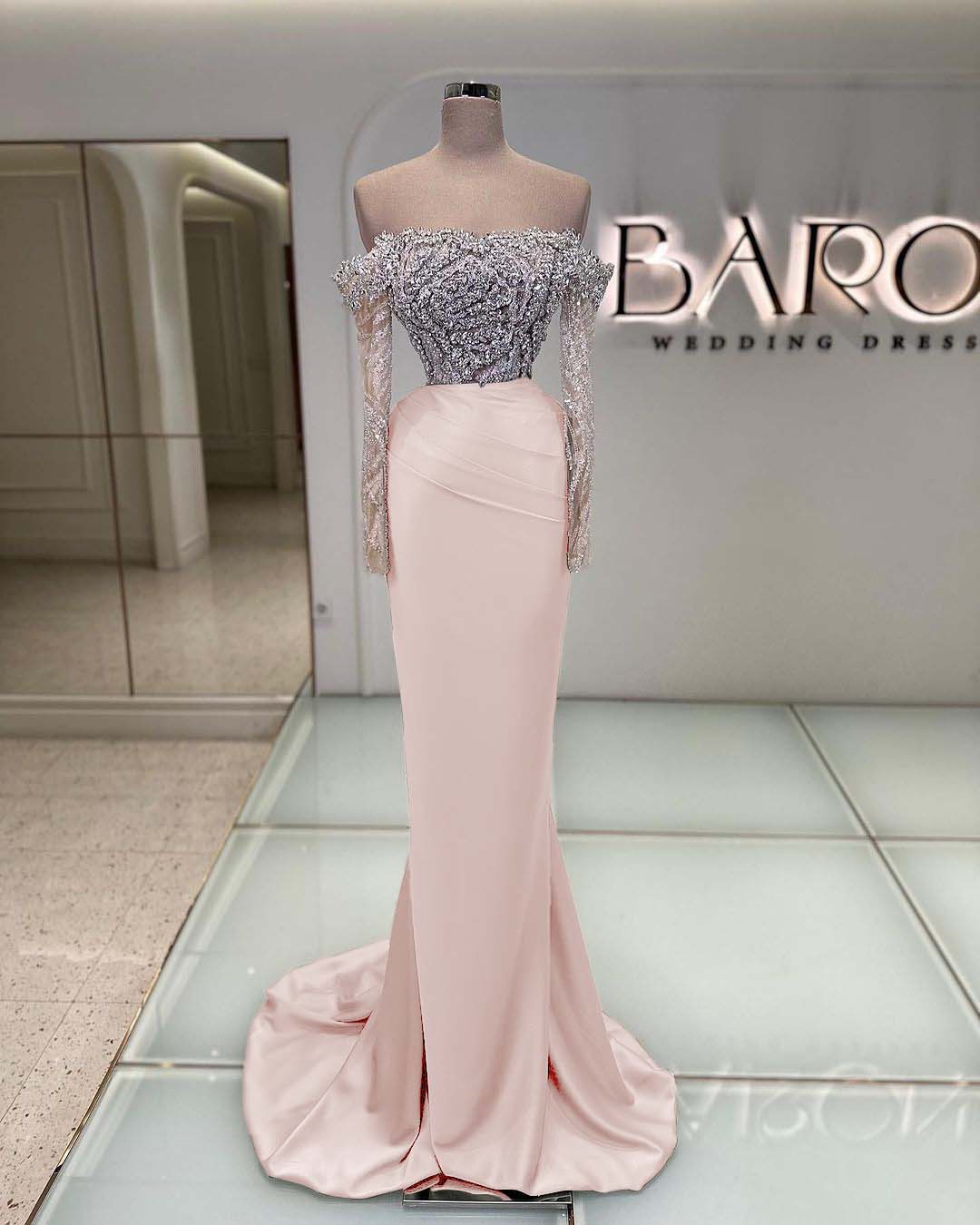 Off the Shoulder Long Sleeves Long Mermaid Prom Dress With Beading BMBRIDE